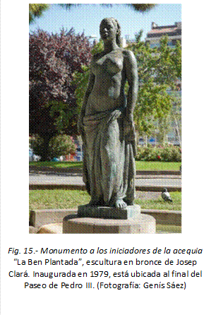   
Fig. 15.- Monumento a los iniciadores de la acequia “La Ben Plantada”, escultura en bronce de Josep Clará. Inaugurada en 1979, está ubicada al final del Paseo de Pedro III. (Fotografía: Genís Sáez)
