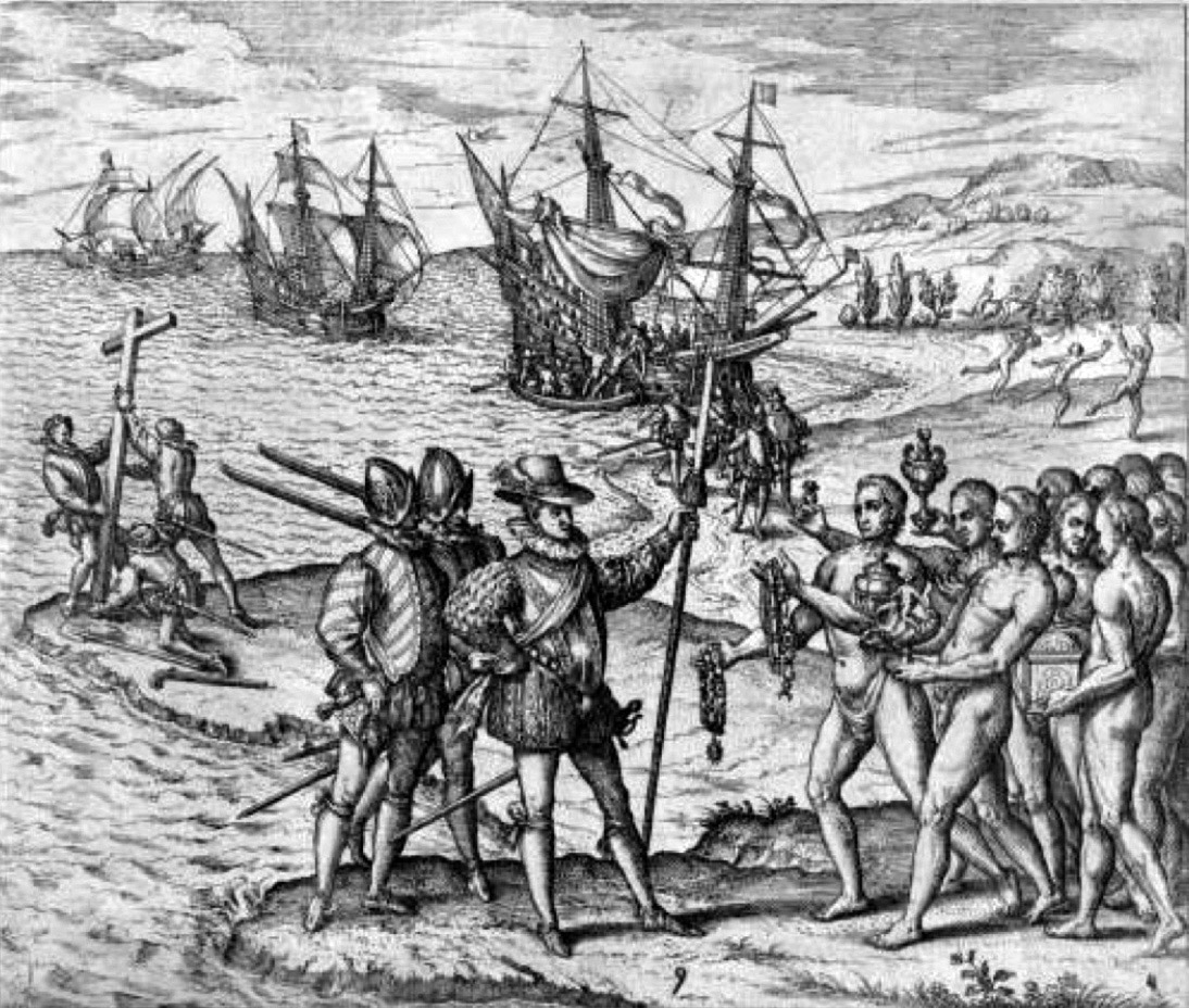 Obra de T de Bry «Desembarco de Colón en Guanahaní» Grabado 1594