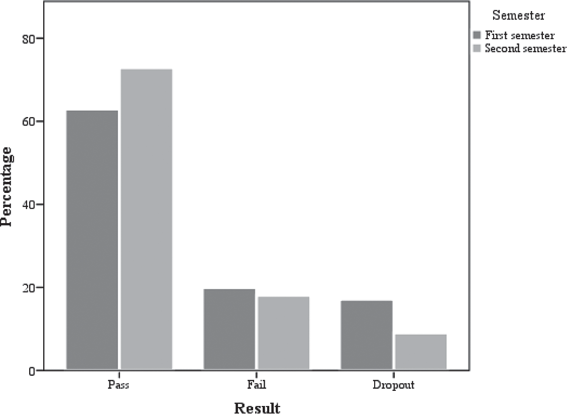Percentage of results obtained by semester