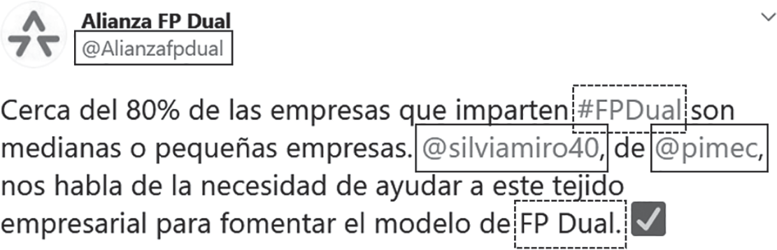 Tuits recuperados sobre FP dual donde se ilustra el contenido recuperado y los actores implicados. Los bordes sólidos indican actores activos y actores mencionados; con guiones, contenido recuperado