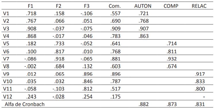 Matriz de carga rotada de todas las variables, comunalidad, matriz de carga rotada después de prescindir de una variable y Alfa de Cronbach de cada factor