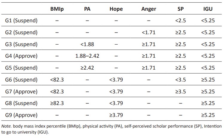 Characteristics of the terminal nodes of the decision tree
