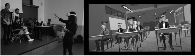 A group during the virtual reality experience. On the right, a screenshot of the “player’s” view