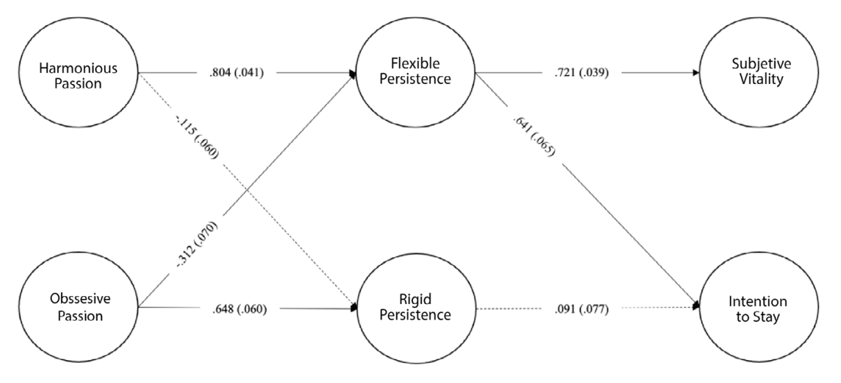 Results of the structural equation model with university teachers. The standardized parameters are above the arrows; standard errors are between parentheses.