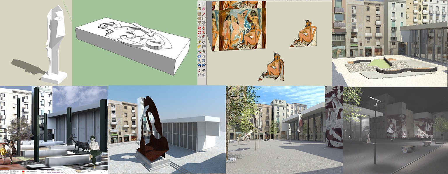 Examples from previous courses with oversized sculptures, designs cluttering space and minimalist proposals