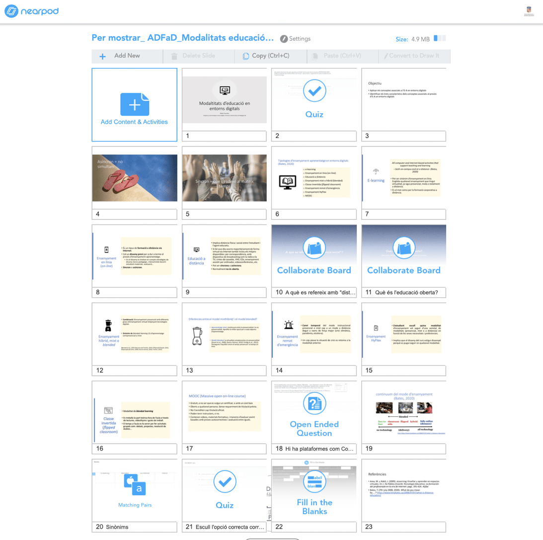 Vista general del diseño de la secuencia de contenidos y actividades de una videoconferencia sincrónica con Nearpod