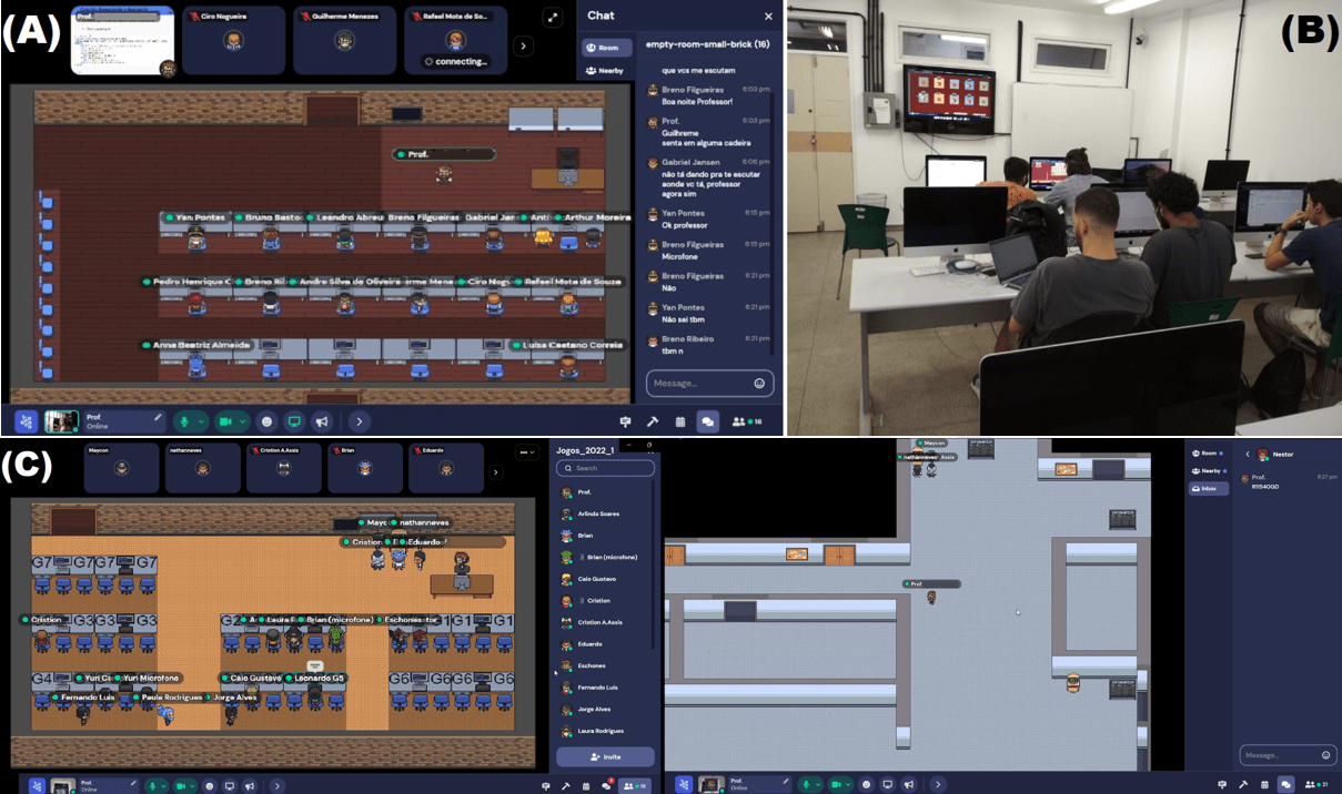Comparação do Mundo Espelhado e o Ambiente Real – A) Laboratório Modelado no Gather Town. B) Laboratório Real. C) Outas Salas de Aula e Corredores da Universidade no Mundo Virtual