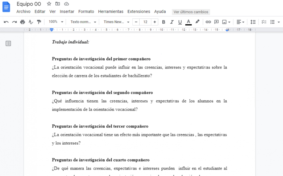 Ejemplo del diseño de los Documentos de Google para la ronda 2