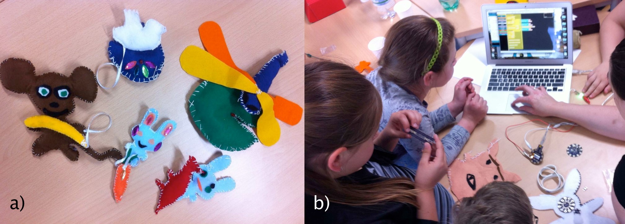 a) Ejemplos de proyectos de e-textiles b) Estudiantes colaborando y programando sus proyectos de e-textiles