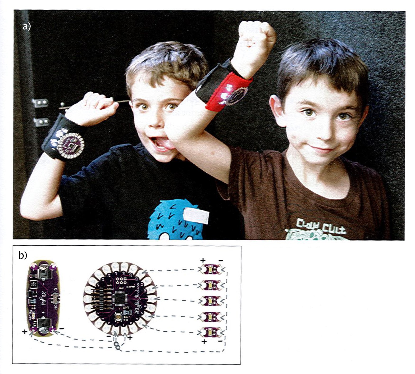 a) Light-up bracelets created with the LilyPad kit. b) Connection diagram that shows the different components of the circuit and indicates how to connect them with the conductive thread