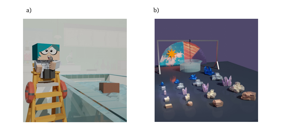 Simulations of the inquiry units on a) Buoyancy and b) Crystallization. The image shows the new main character of each unit